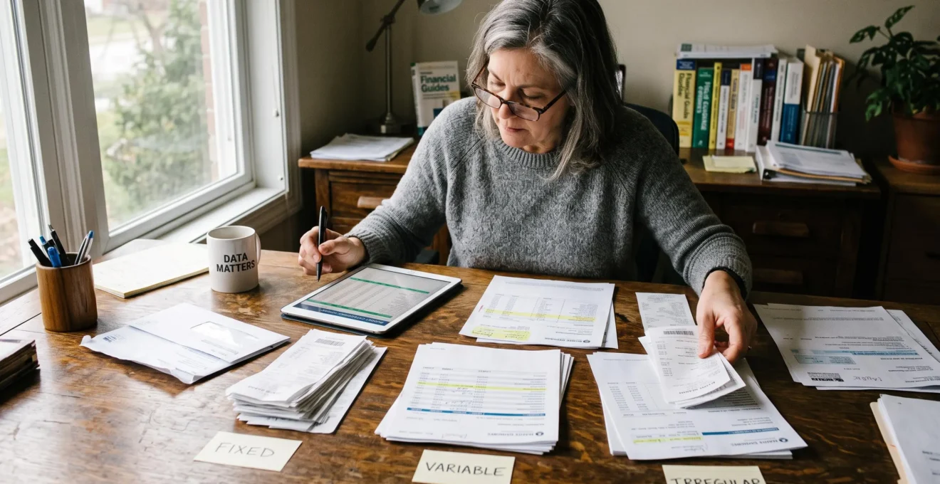 Un consultant analyse des relevés bancaires et des documents financiers pour classer les dépenses dans une feuille de calcul.