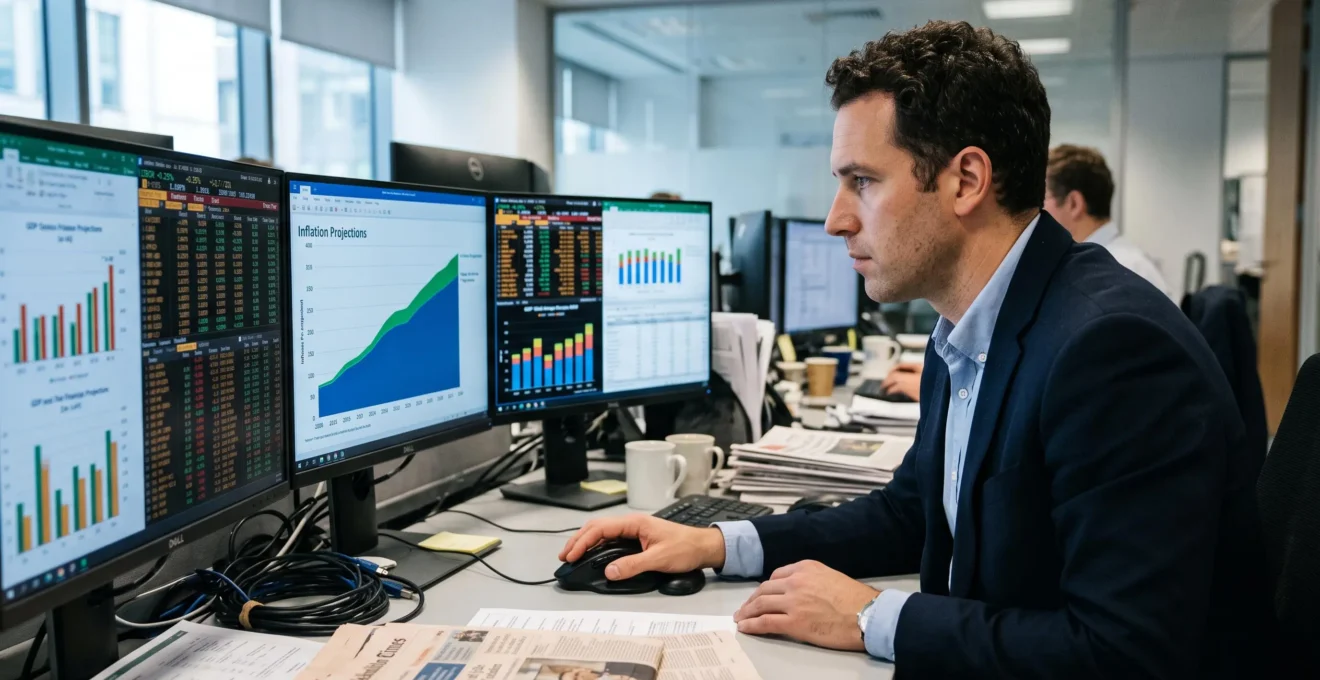 Analyste financier examinant des graphiques économiques complexes sur plusieurs écrans dans un bureau professionnel.