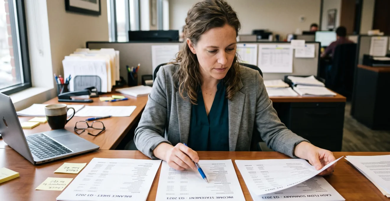 Une analyste financière compare côte à côte trois documents comptables posés sur son bureau, le stylo pointé sur une ligne du document central.