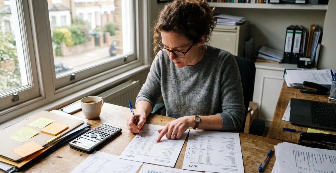 Un analyste financier compare des comptes de résultat imprimés sur plusieurs exercices en annotant les marges à la main.