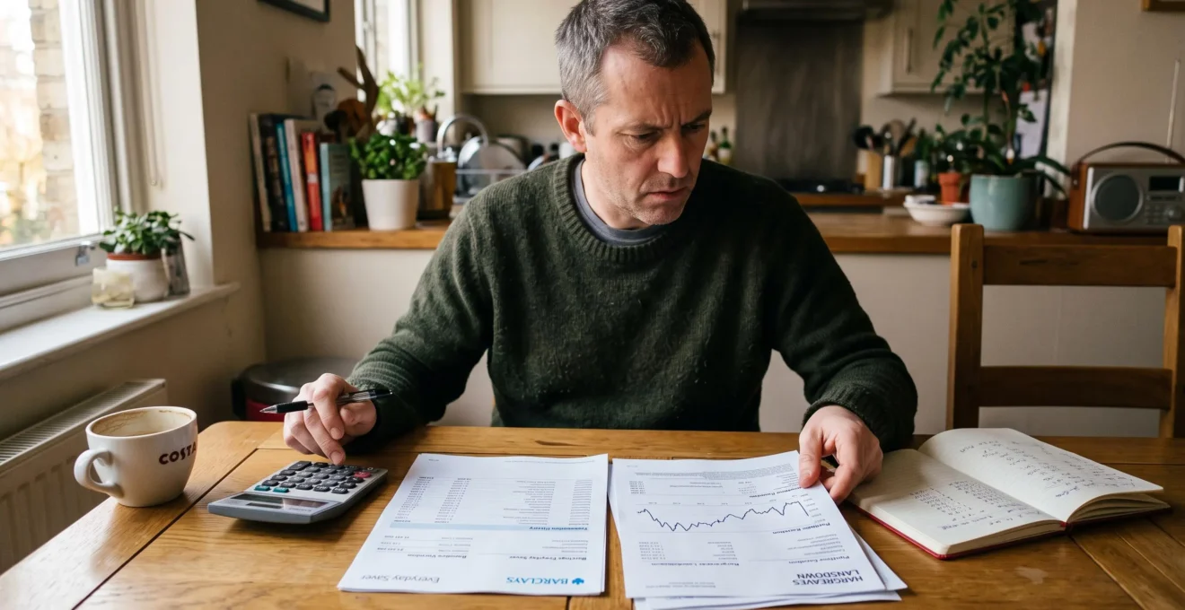 Une personne compare à table, calculatrice en main, deux relevés de placements aux évolutions de valeur différentes.