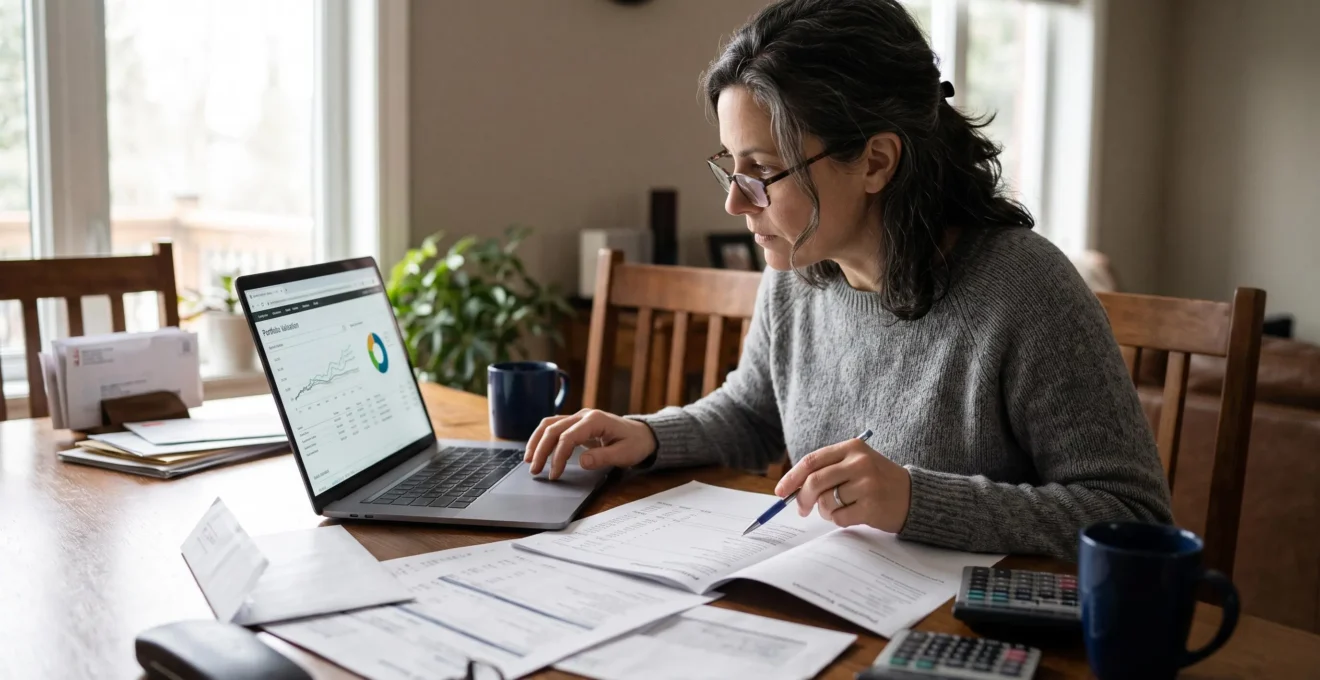 Une personne compare des relevés de compte-titres imprimés avec la valeur affichée de son portefeuille sur un ordinateur portable, à une table de travail domestique.