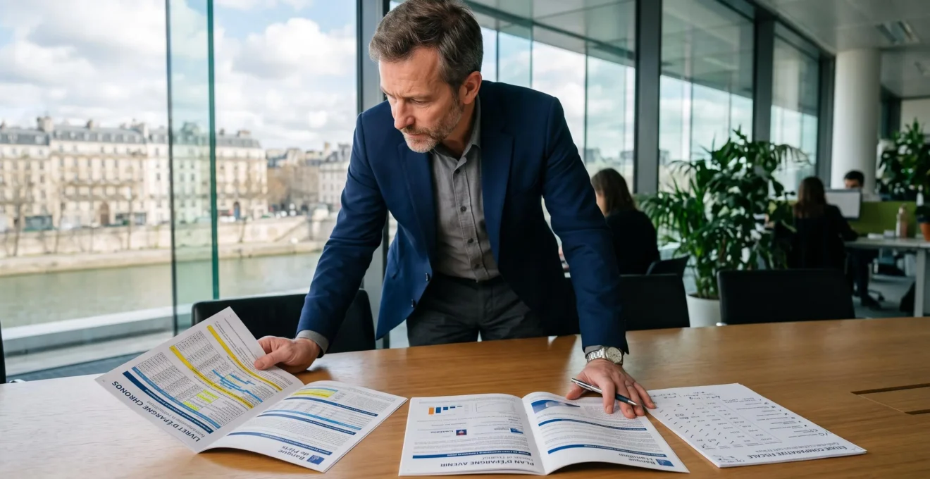Conseiller financier comparant plusieurs livrets bancaires et documents fiscaux pour optimiser l'épargne.