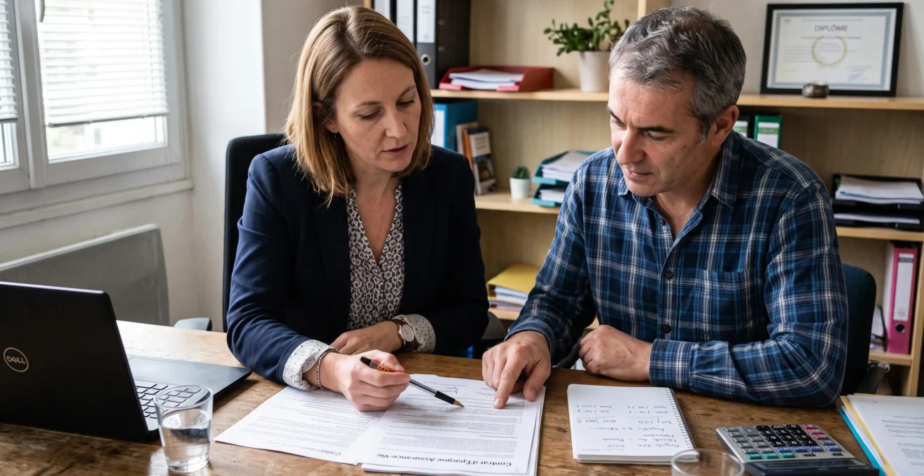 Un conseiller et un client examinent ensemble un contrat d'assurance-vie annoté posé sur un bureau, dans un bureau de conseil lumineux.