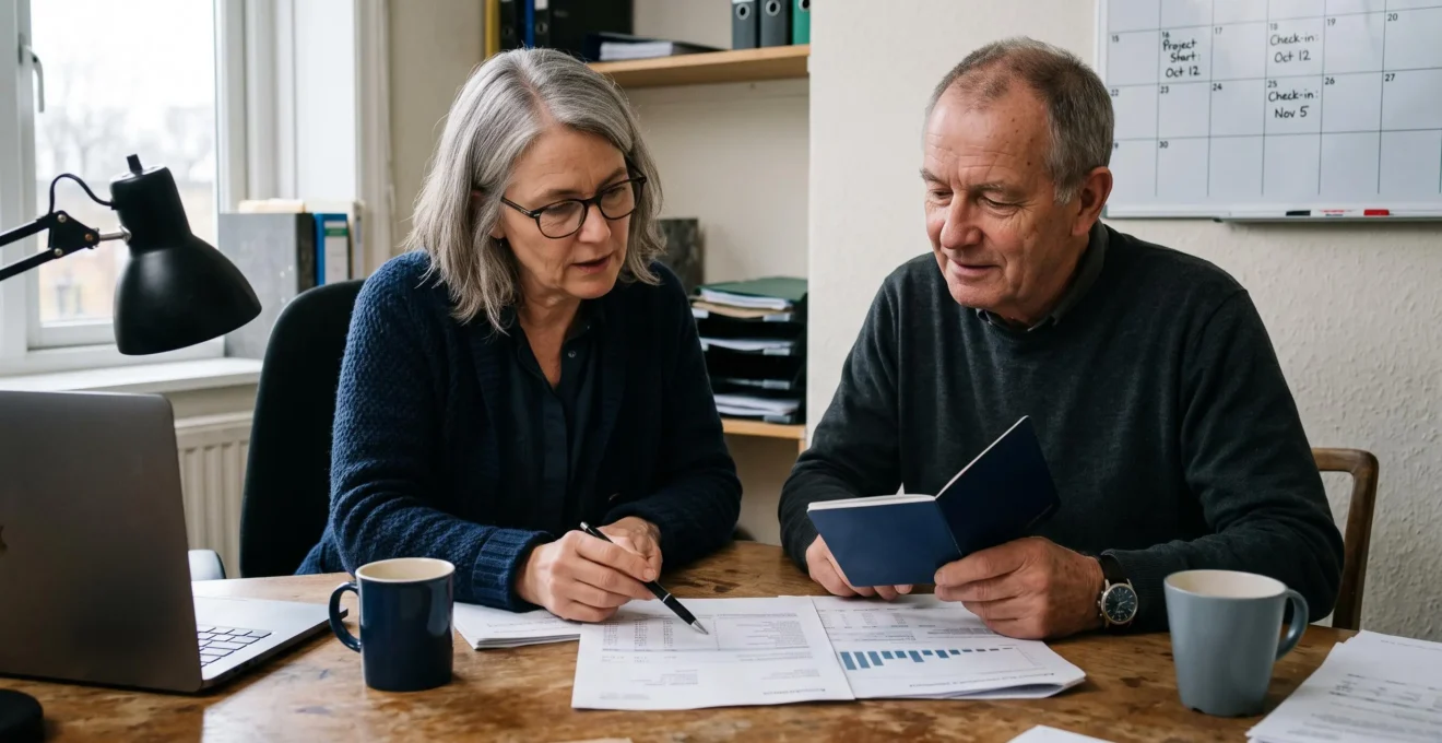Un conseiller financier et un client examinent ensemble des relevés de placements et un calendrier de projet à un bureau éclairé par la lumière du jour.