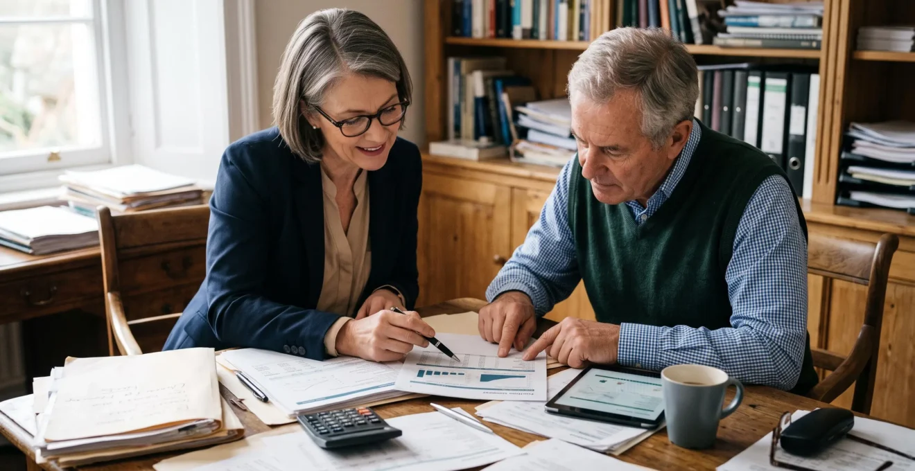Un conseiller en gestion de patrimoine et son client comparent ensemble plusieurs documents de répartition d'actifs posés sur un bureau en bois.