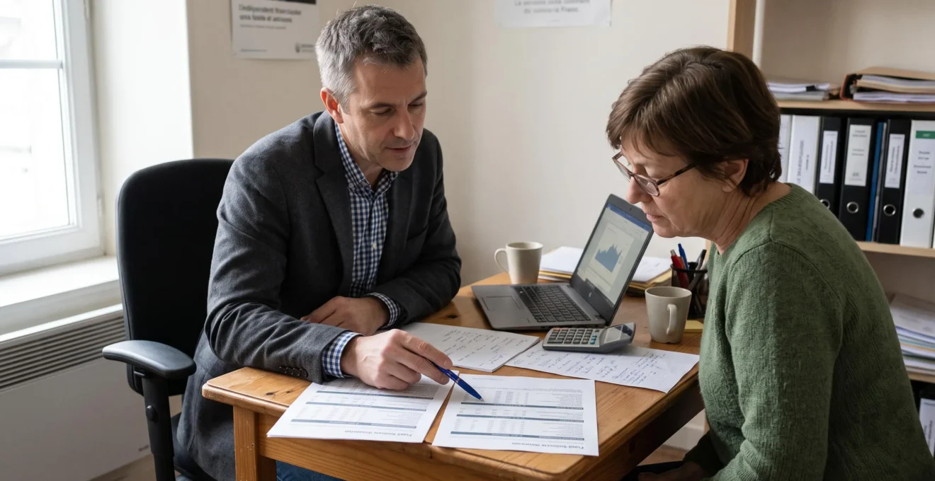 Un conseiller financier montre un document imprimé à un client assis à côté de lui dans un bureau, avec un ordinateur portable et des notes sur la table.