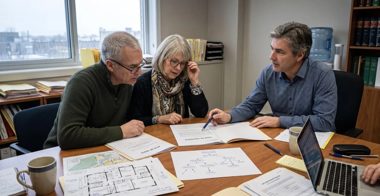 Un conseiller notarial explique un document de structure de détention de patrimoine à un couple autour d'une table de réunion.