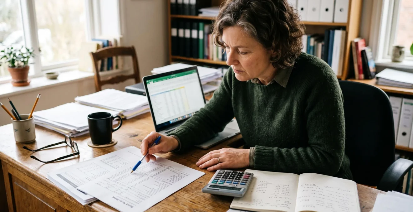 Un conseiller financier compare une fiche obligataire imprimée avec un tableau sur son ordinateur portable, au bureau, un calculateur posé à côté.