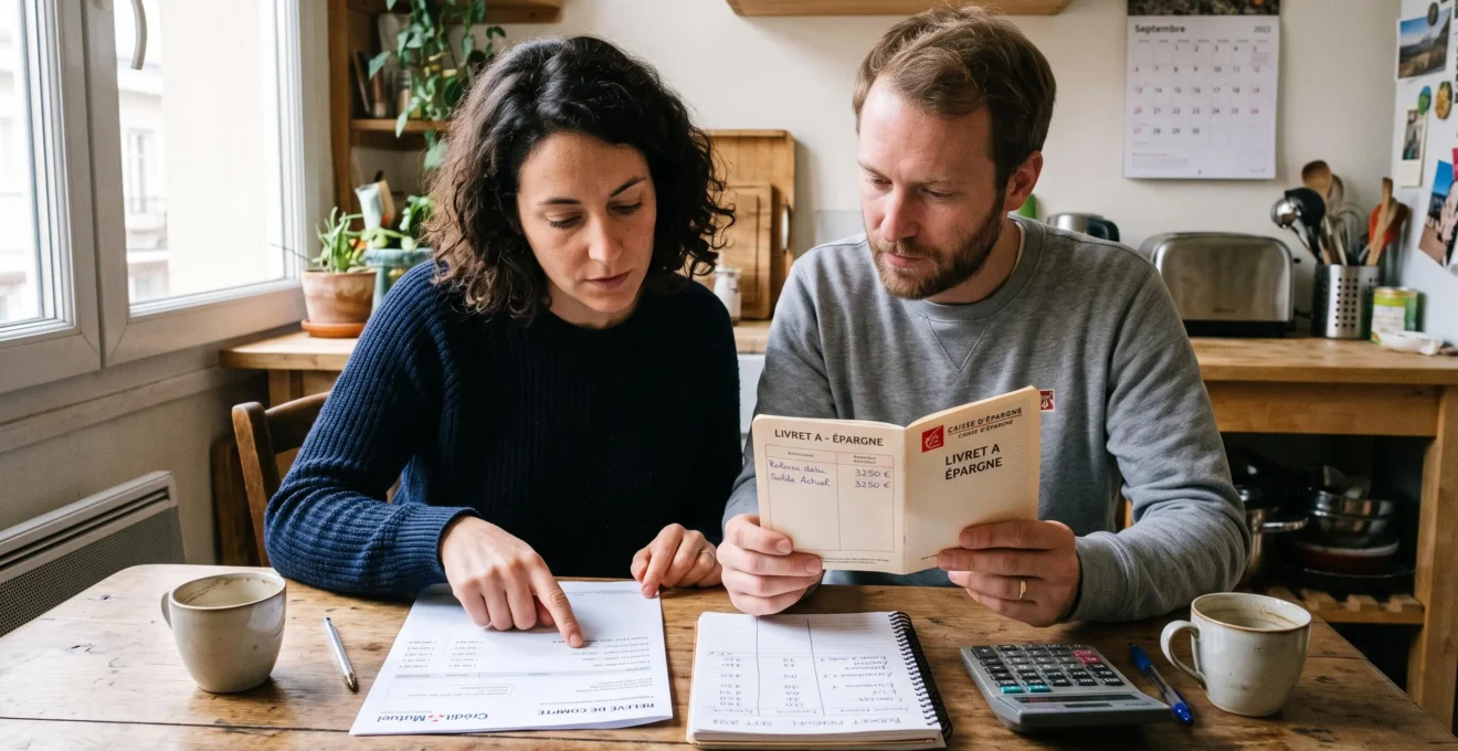 Un couple examine ses relevés bancaires et un livret d'épargne posés sur la table de la cuisine, entourés d'un carnet de dépenses et d'une calculatrice.