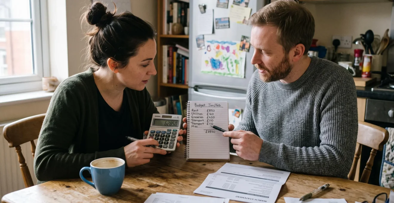 Un couple assis à la table de sa cuisine compare des notes de dépenses et utilise une calculatrice pour évaluer sa mensualité supportable.