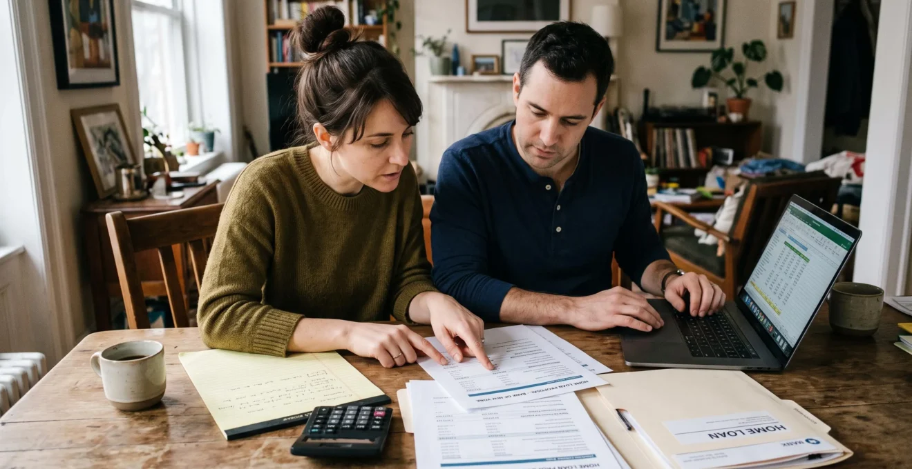 Un couple assis à la table d'un appartement compare un plan de financement immobilier imprimé, un calculateur et des documents bancaires étalés devant eux.