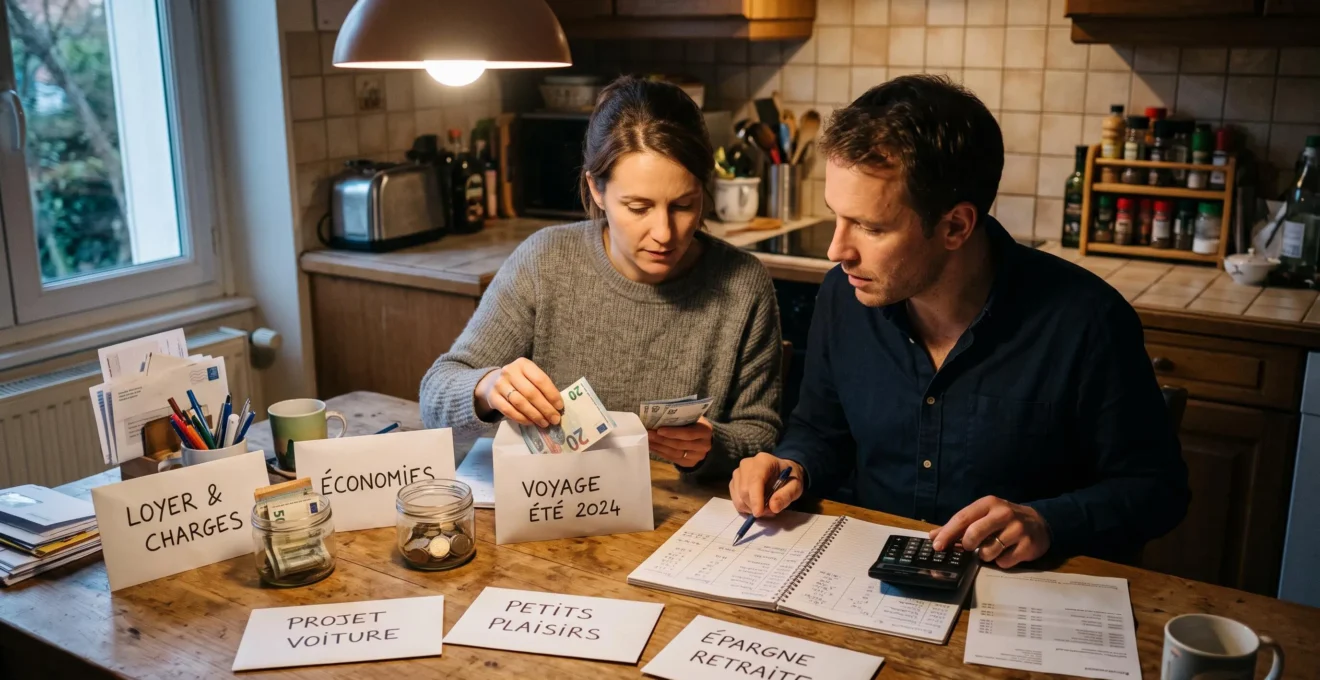 Un couple répartit son épargne mensuelle en espèces dans plusieurs enveloppes distinctes posées sur une table de cuisine, un carnet de budget et une calculatrice à proximité.