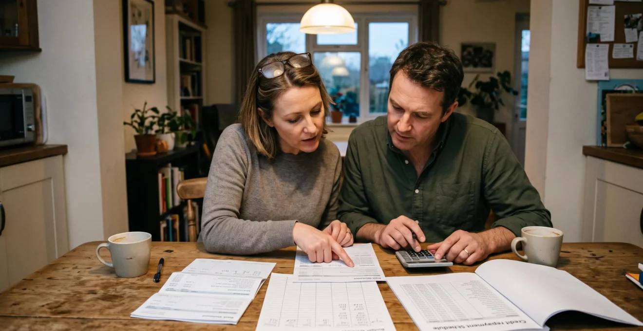 Un couple examine ses relevés bancaires et une feuille de budget avec une calculateur autour d'une table de salle à manger.