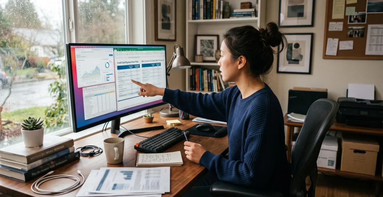 Une personne analyse les options de paiement en comparant les risques et avantages des différents moyens de paiement sur son ordinateur.