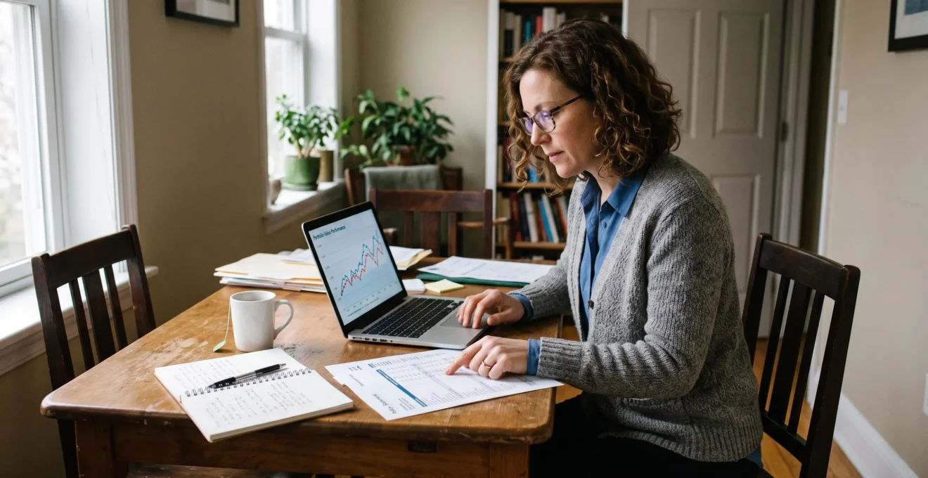 Une femme examine un relevé de son contrat d'assurance-vie posé sur son bureau, en le comparant à la courbe de valeur affichée sur son ordinateur portable.