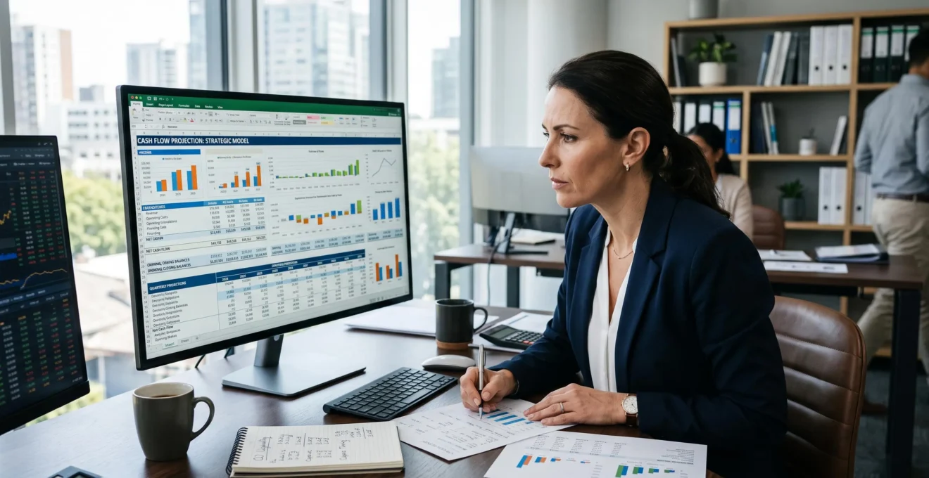 Consultant analysant un diagramme de flux de trésorerie détaillé sur un grand écran dans un bureau moderne pour anticiper les tensions financières mensuelles.