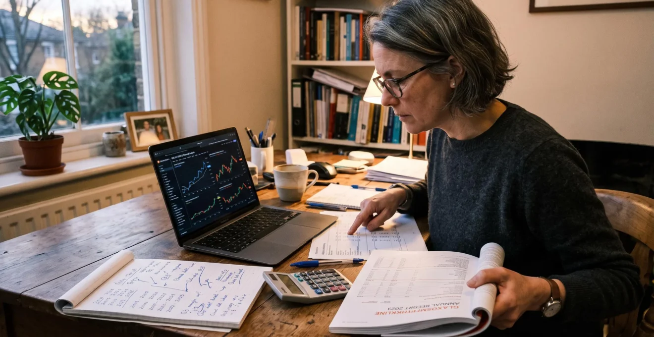 Un investisseur particulier compare un rapport annuel imprimé et des graphiques financiers affichés sur son ordinateur portable dans un bureau domestique.