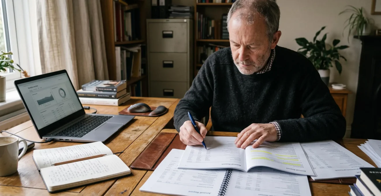 Un investisseur particulier compare des rapports annuels imprimés et des notes manuscrites à son bureau pour vérifier la solidité du dividende d'une entreprise.