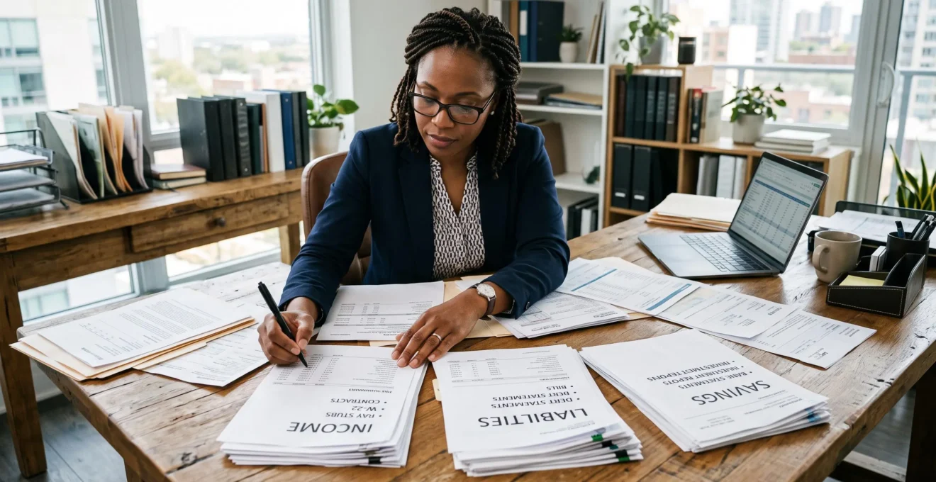 un consultant financier organise des documents pour préparer un dossier de crédit solide sur un bureau