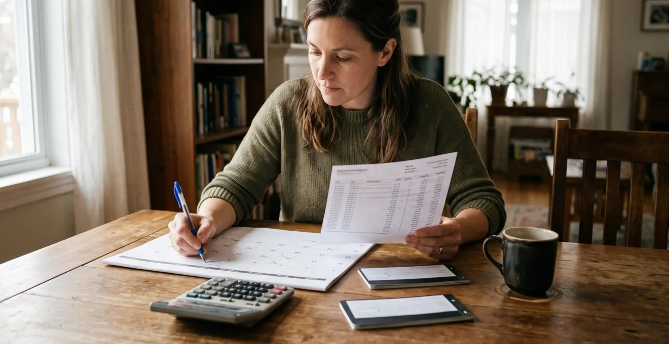 Une personne annote un calendrier posé sur une table en comparant les dates de prélèvements inscrites sur un relevé bancaire imprimé.