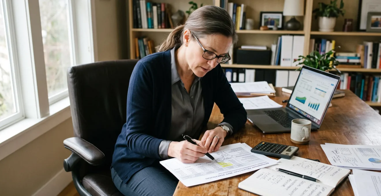 Professionnel analysant un document de projection financière pour évaluer le complément de revenu à la retraite.