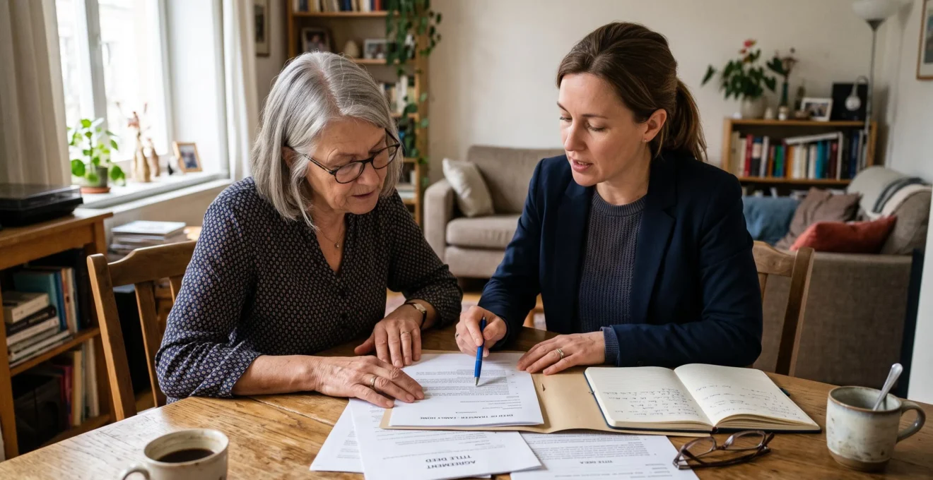 Une personne âgée examine des documents patrimoniaux avec une notaire autour d'une table dans un salon.