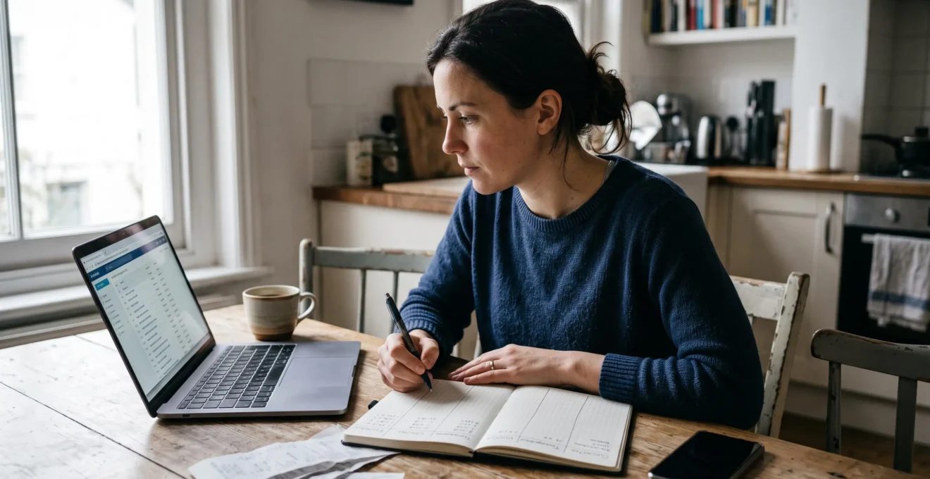 Une femme relève ses dépenses hebdomadaires sur son ordinateur portable et note ses catégories dans un carnet posé sur une table de cuisine.