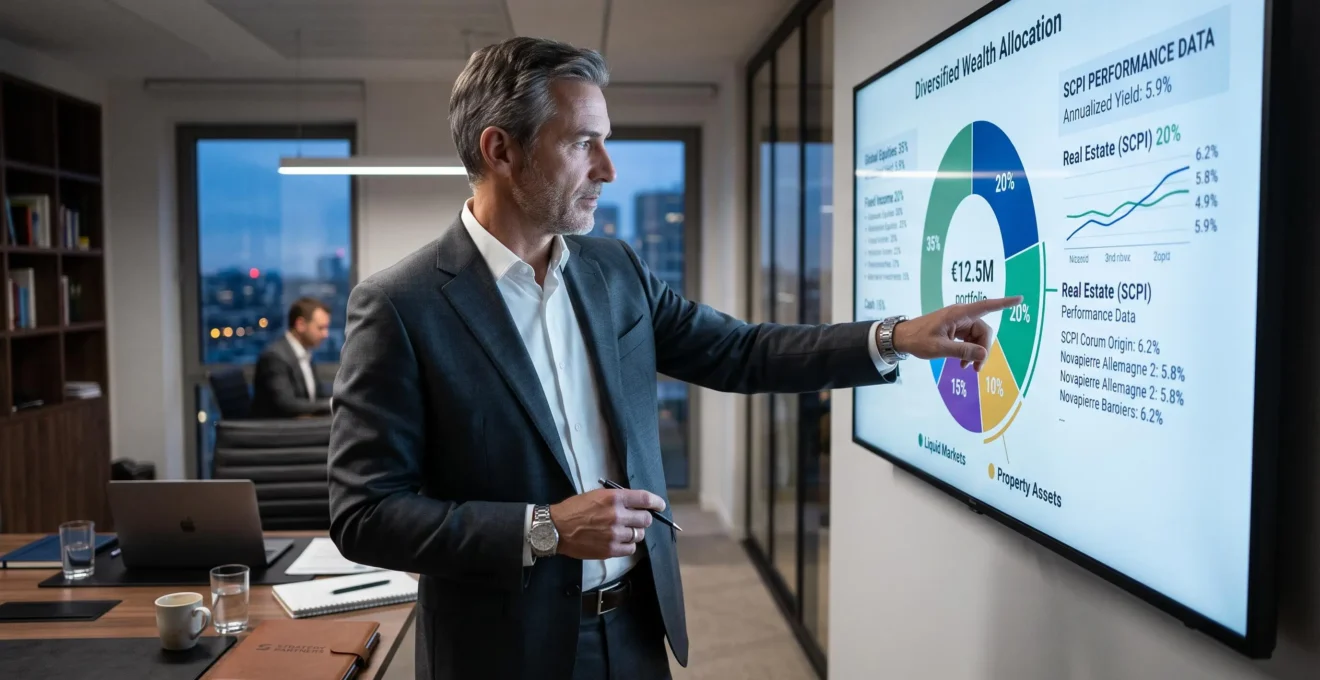 Investisseur examinant des graphiques de diversification de patrimoine sur un écran moderne pour équilibrer ses actifs immobiliers et financiers.